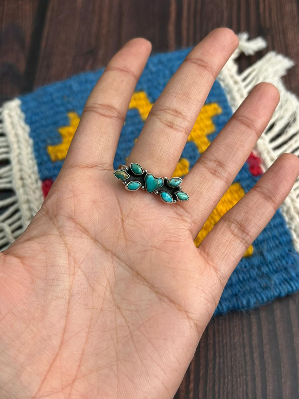 "Heart Collection" Handmade Sterling Silver Kingman Turquoise Adjustable Ring "Signed Nizhoni" - Che Cose Belle