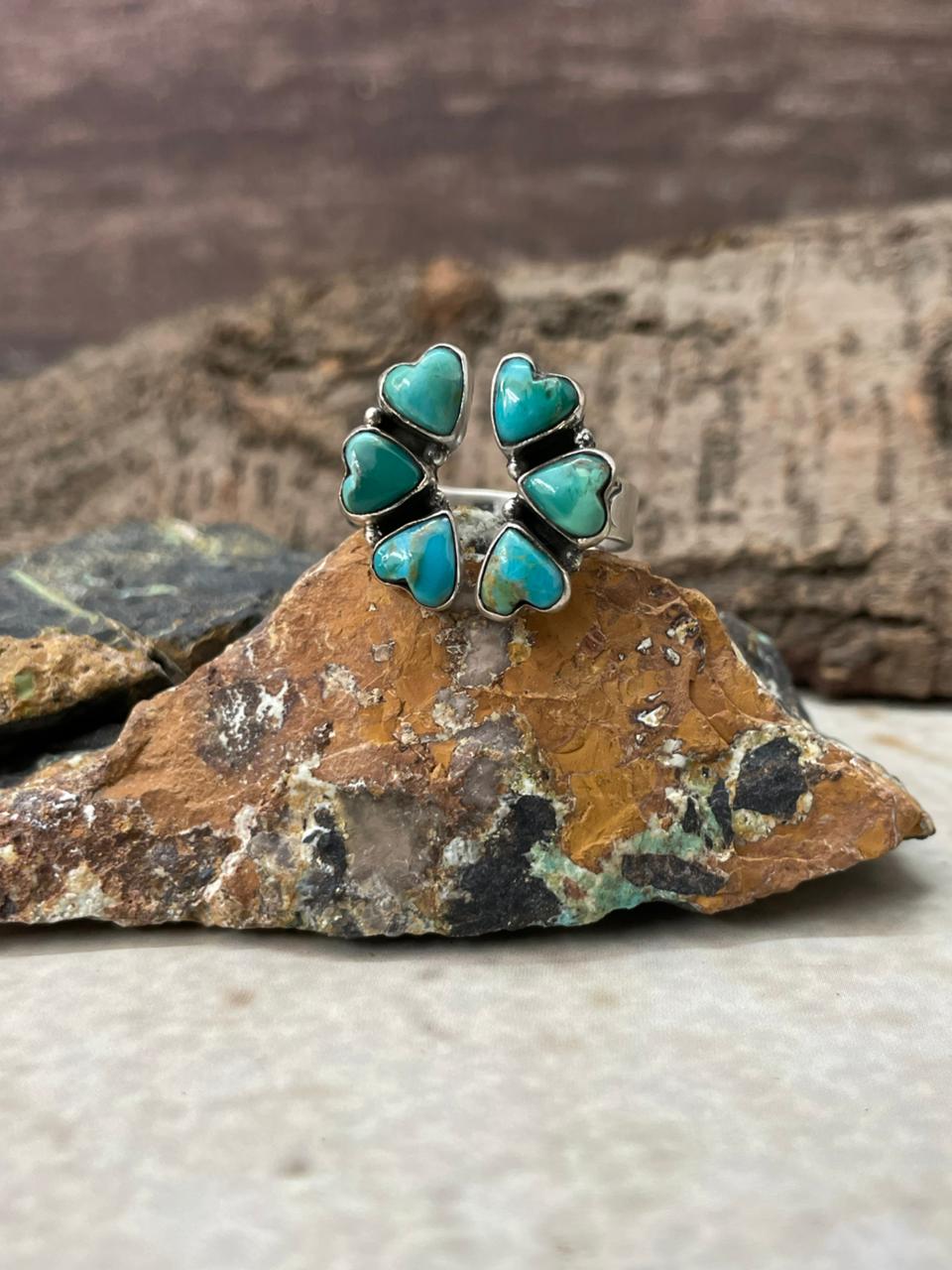 "Heart Collection" Handmade Sterling Silver Kingman Turquoise Adjustable Ring "Signed Nizhoni" - Che Cose Belle