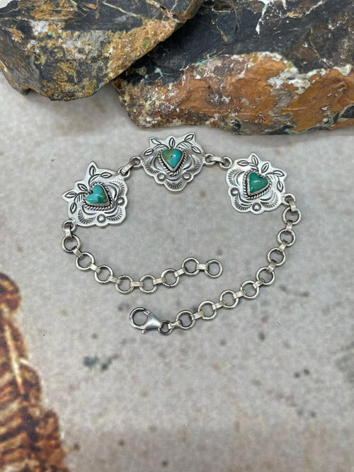 "Heart Collection" Handmade Sterling Silver Kingman Turquoise Chain Bracelet "Signed Nizhoni" - Che Cose Belle