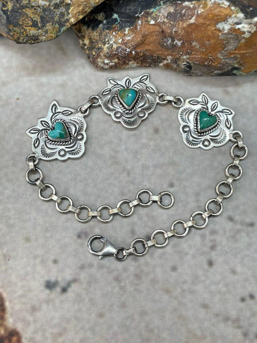"Heart Collection" Handmade Sterling Silver Kingman Turquoise Chain Bracelet "Signed Nizhoni" - Che Cose Belle