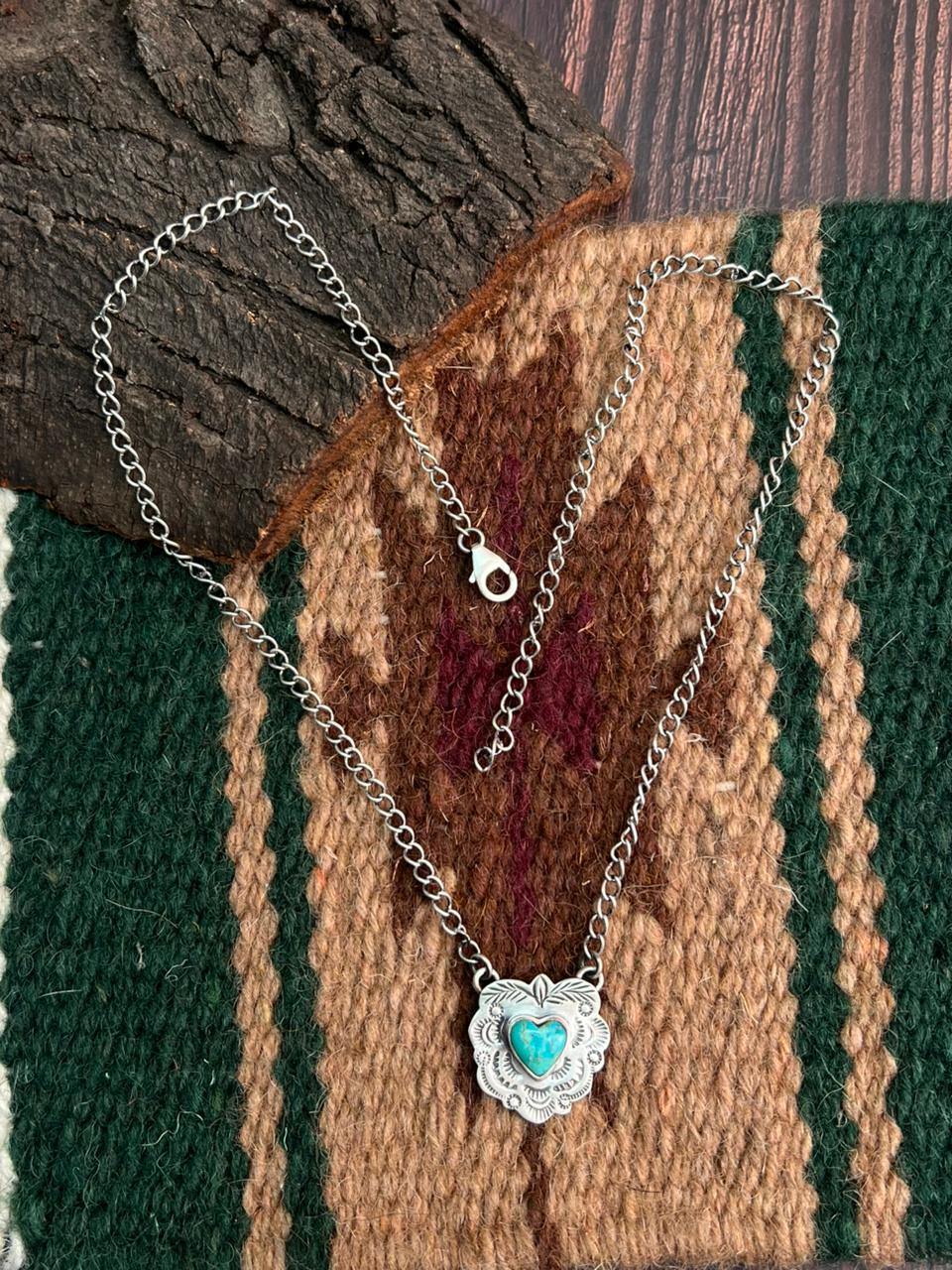 "Heart Collection" Handmade Sterling Silver Kingman Turquoise Necklace "Signed Nizhoni" - Che Cose Belle