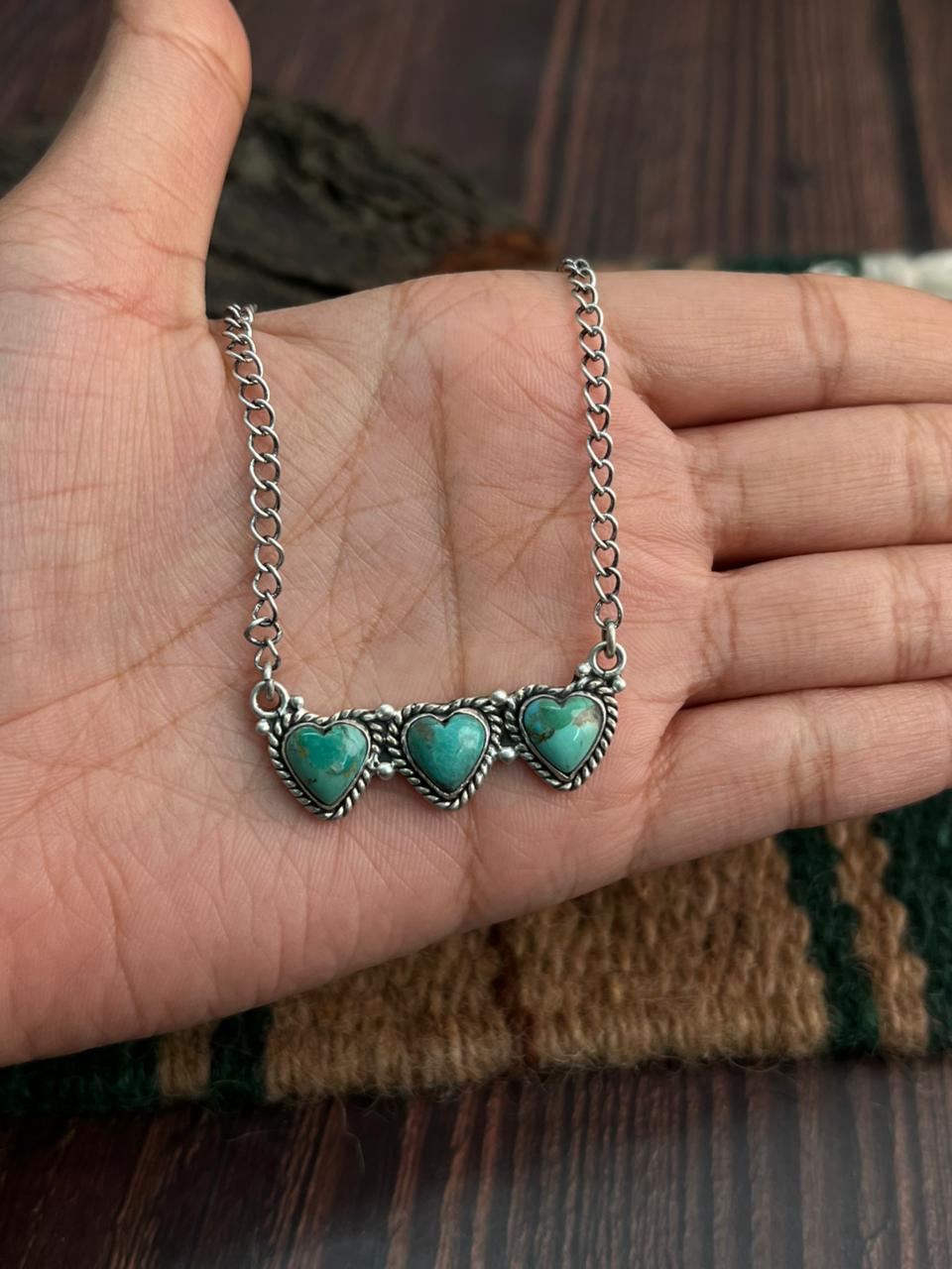"Heart Collection" Handmade Sterling Silver Kingman Turquoise Necklace "Signed Nizhoni" - Che Cose Belle