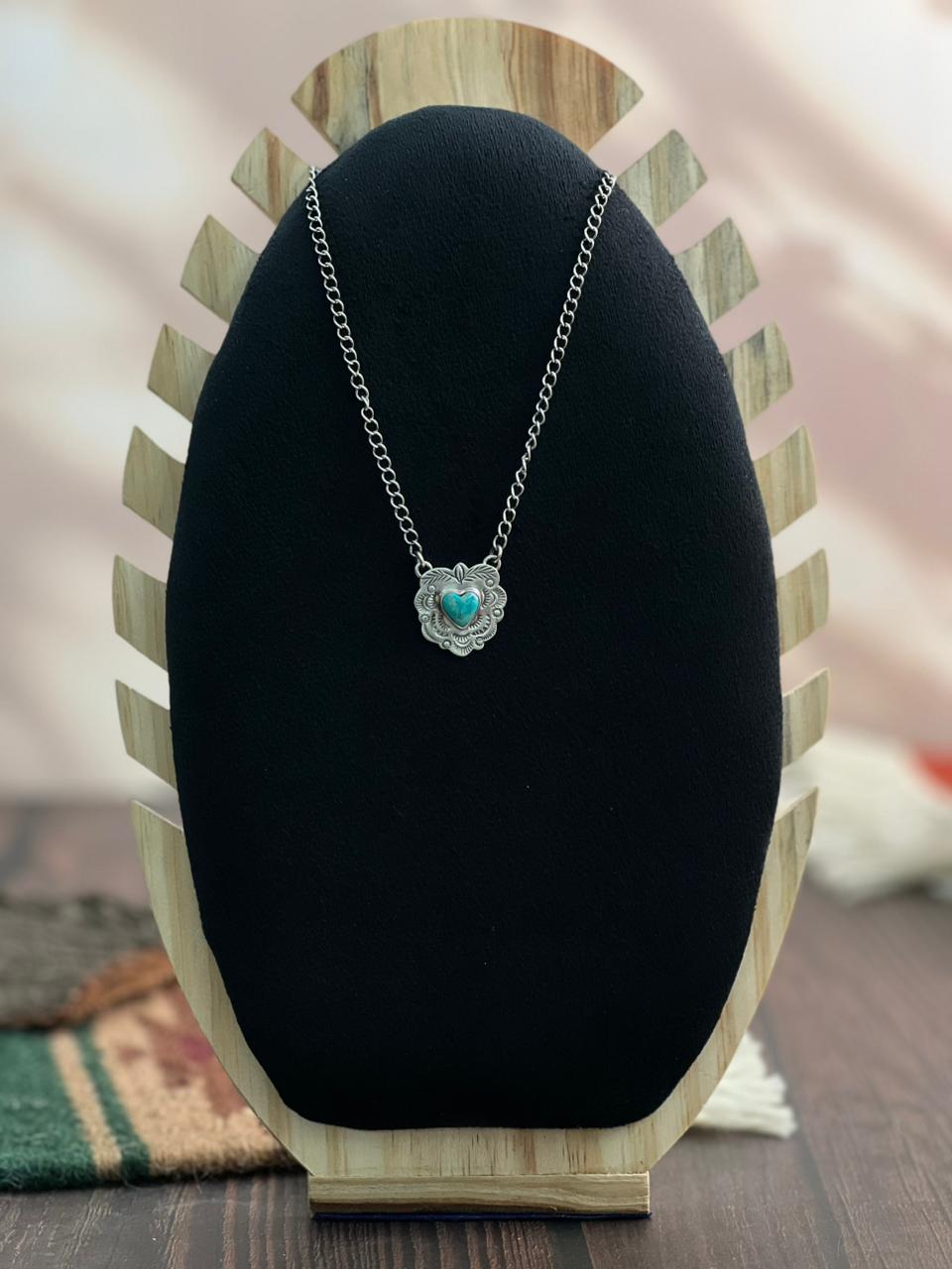 "Heart Collection" Handmade Sterling Silver Kingman Turquoise Necklace "Signed Nizhoni" - Che Cose Belle