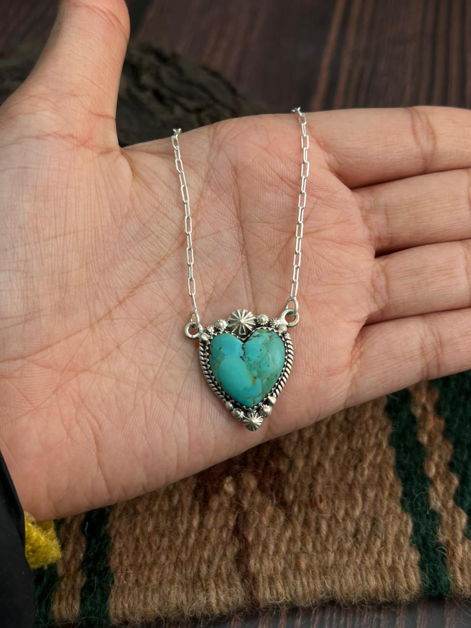 "Heart Collection" Handmade Sterling Silver Kingman Turquoise Necklace "Signed Nizhoni" - Che Cose Belle