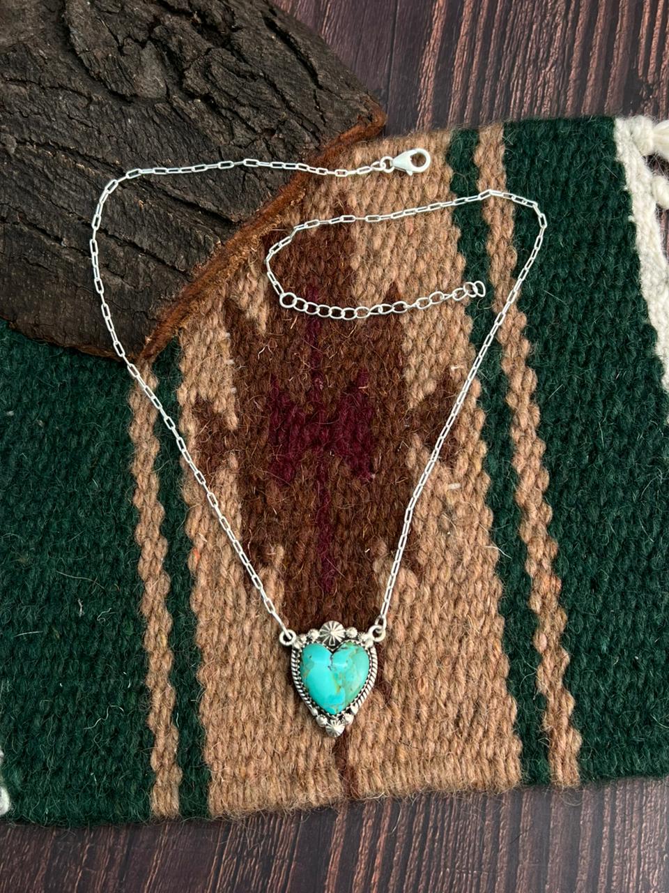 "Heart Collection" Handmade Sterling Silver Kingman Turquoise Necklace "Signed Nizhoni" - Che Cose Belle