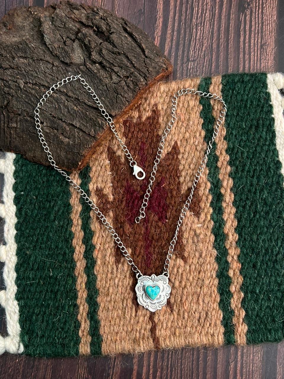 "Heart Collection" Handmade Sterling Silver Kingman Turquoise Necklace "Signed Nizhoni" - Che Cose Belle