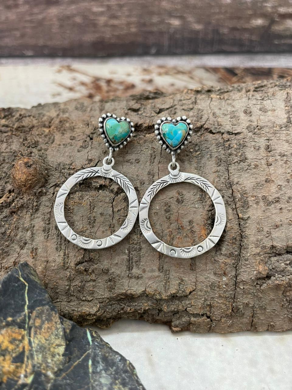 "Heart Collection" Handmade Sterling Silver Kingman Turquoise Post Dangle Earrings "Signed Nizhoni" - Che Cose Belle