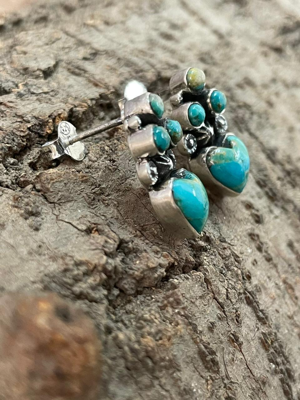 "Heart Collection" Handmade Sterling Silver Kingman Turquoise Post Studs Earrings "Signed Nizhoni" - Che Cose Belle