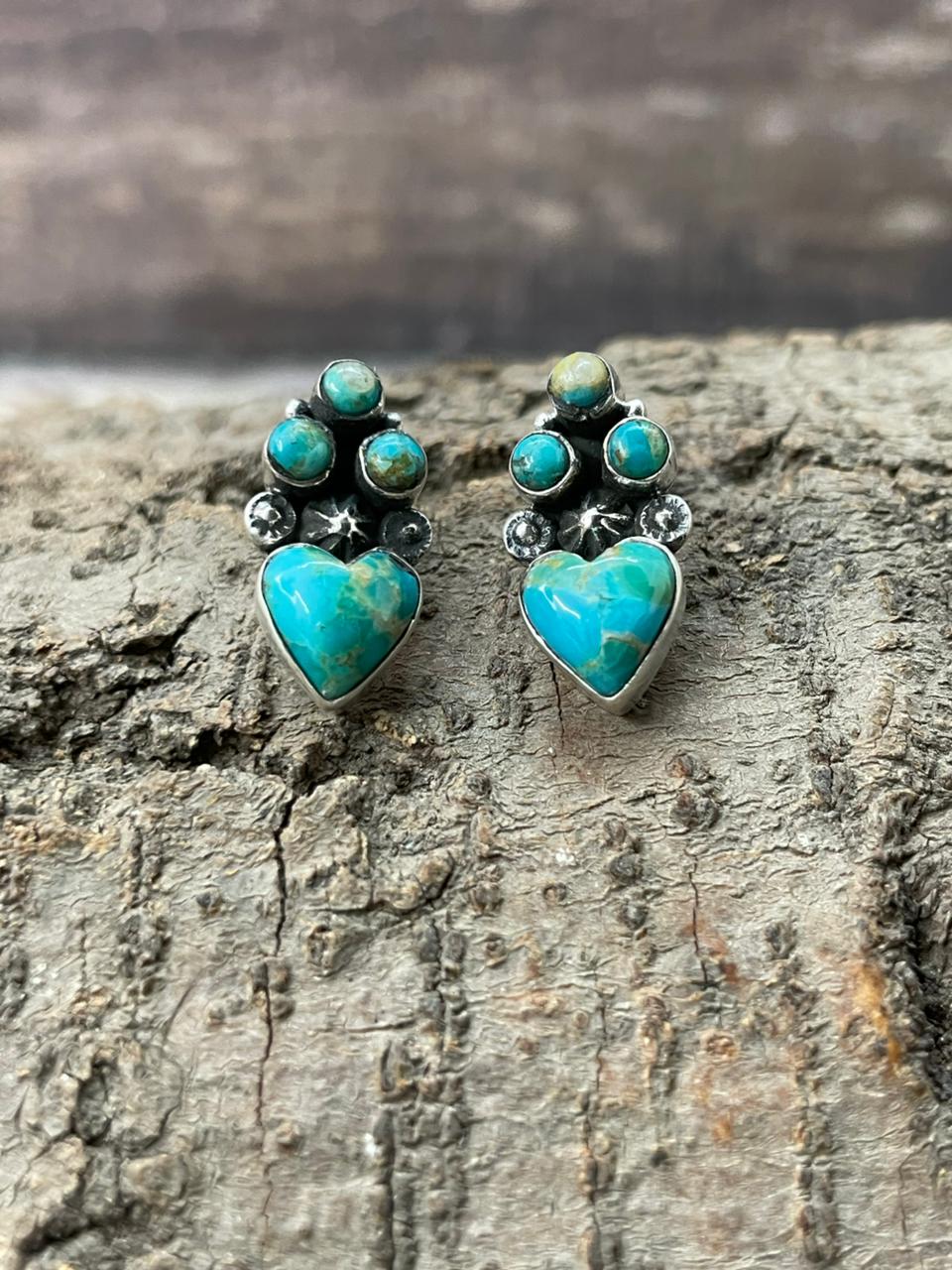 "Heart Collection" Handmade Sterling Silver Kingman Turquoise Post Studs Earrings "Signed Nizhoni" - Che Cose Belle