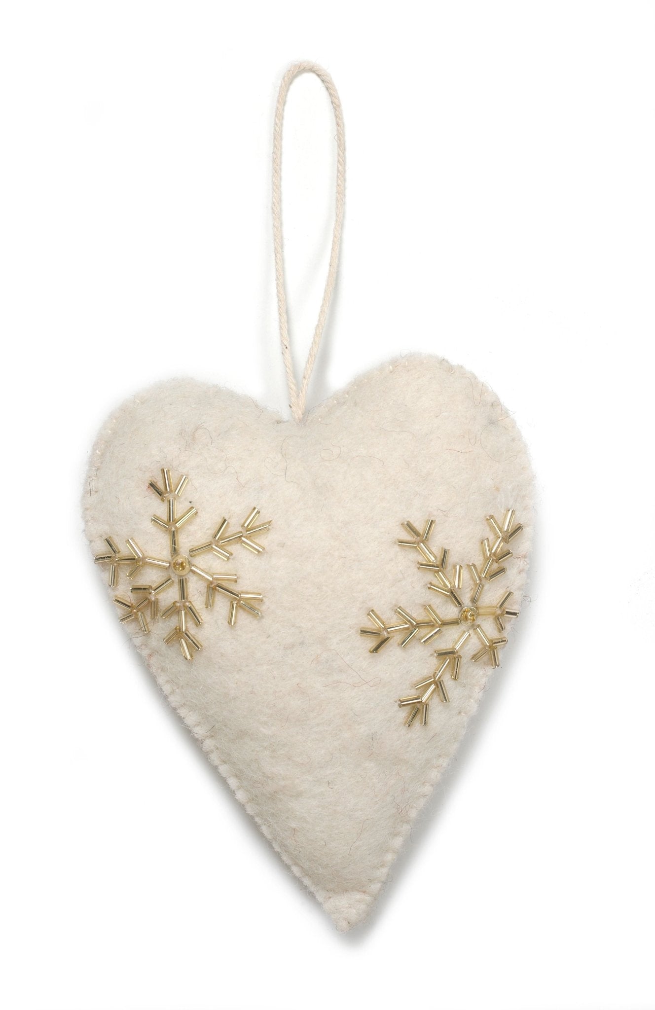 Heart Ornament -Cream Gold Hand Beaded Snowflakes Arcadia Home