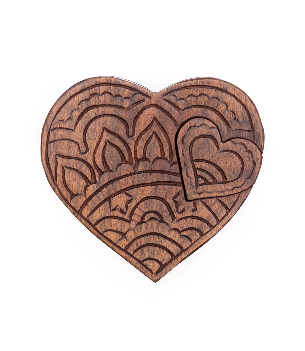 Heart Puzzle Box Jewelry Holder - Hand Carved Wood - Che Cose Belle