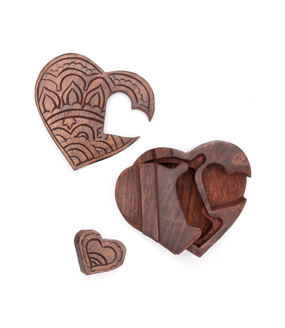 Heart Puzzle Box Jewelry Holder - Hand Carved Wood - Che Cose Belle
