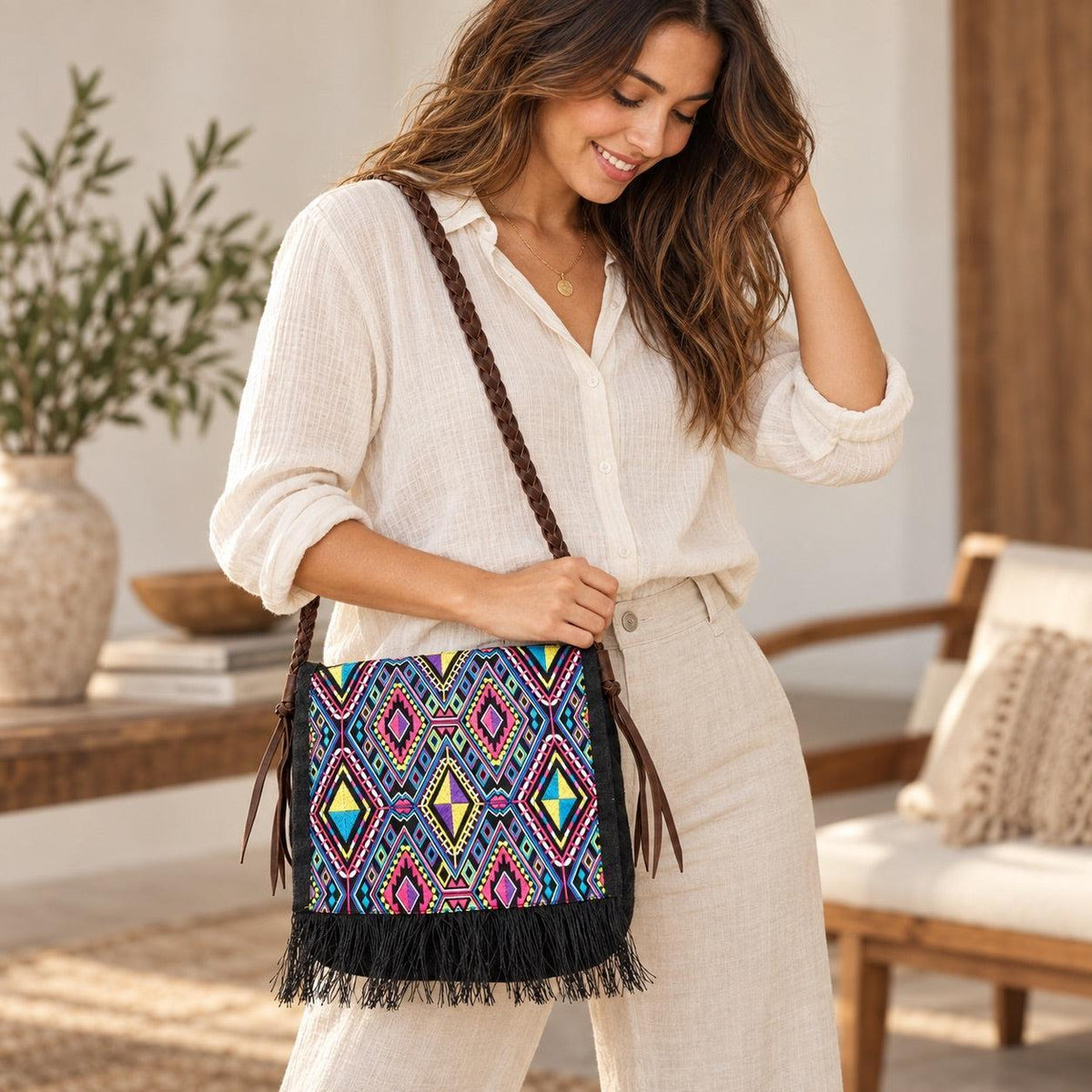 Hemp Diamond Cross-body Embroidered Fabric Purse - Thailand - Che Cose Belle