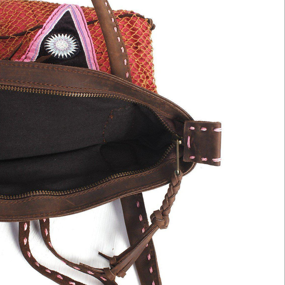 Hmong Vintage Textile & Leather Convertible Shoulder Bag - Thailand