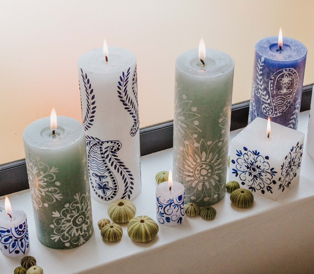 Henna Blue on White Painted Candles - Che Cose Belle