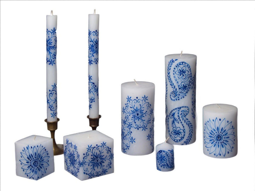 Henna Blue on White Painted Candles - Che Cose Belle
