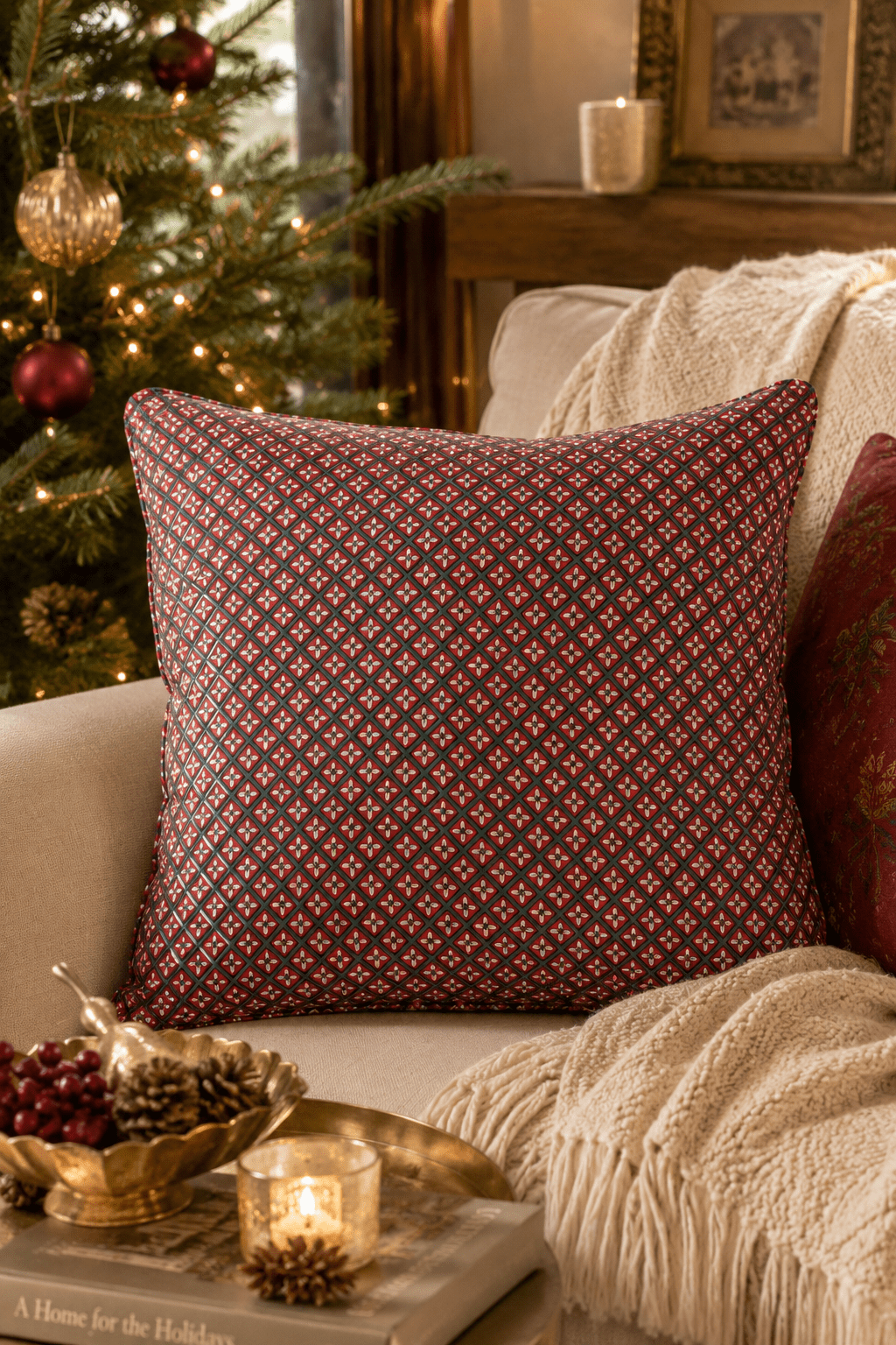 Holly & Berry Holiday Crimson Piped Blockprint Pillow Cover - Che Cose Belle