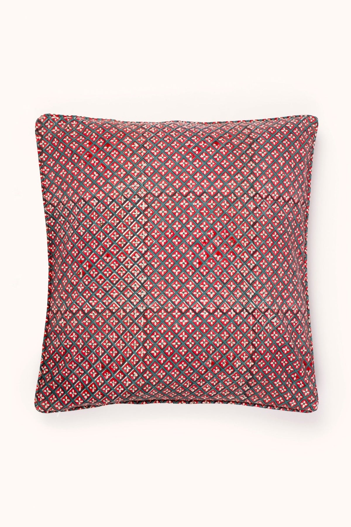 Holly & Berry Holiday Crimson Piped Blockprint Pillow Cover - Che Cose Belle