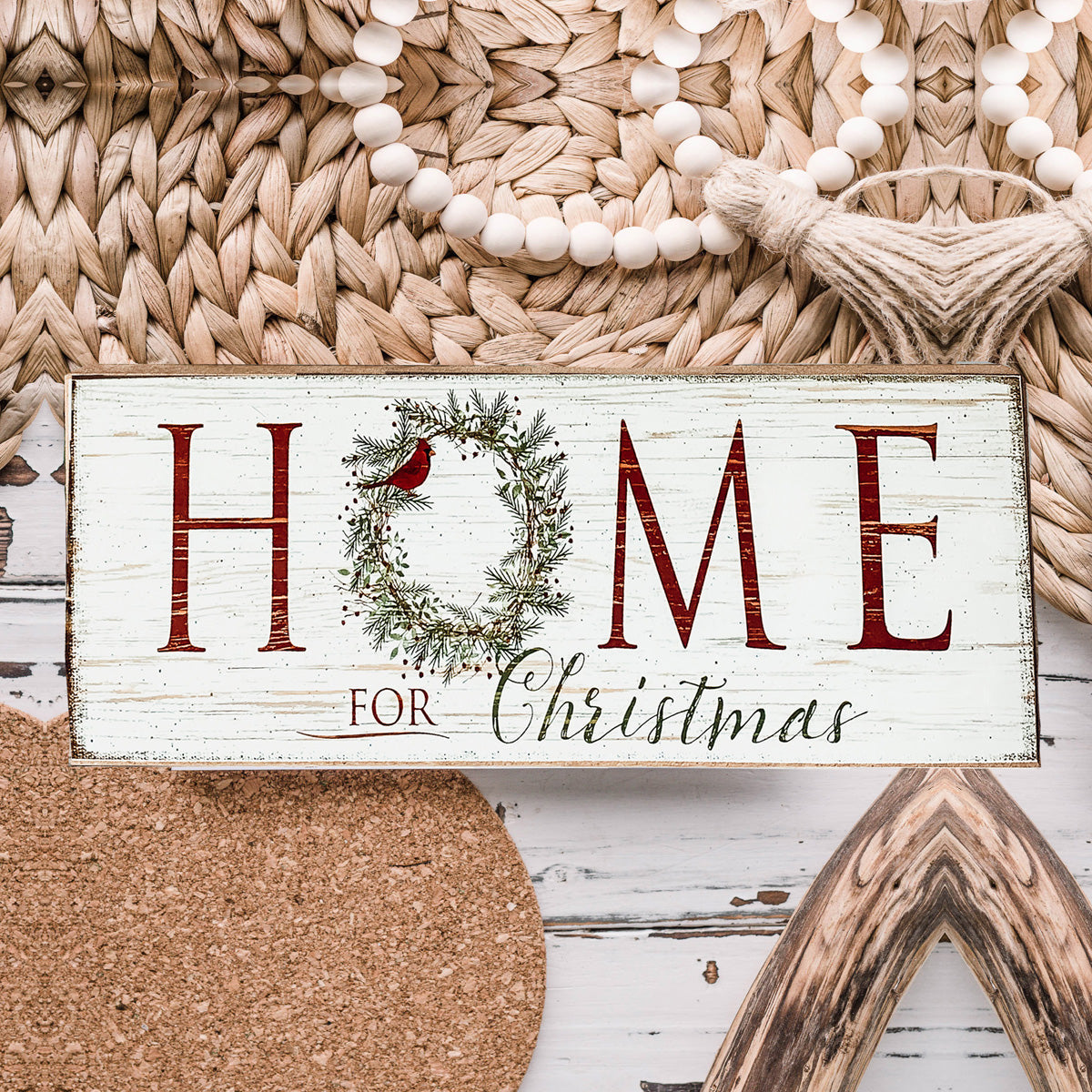 Home For Christmas Wooden Sign With Wreath Holiday Mantel Shelf Decor