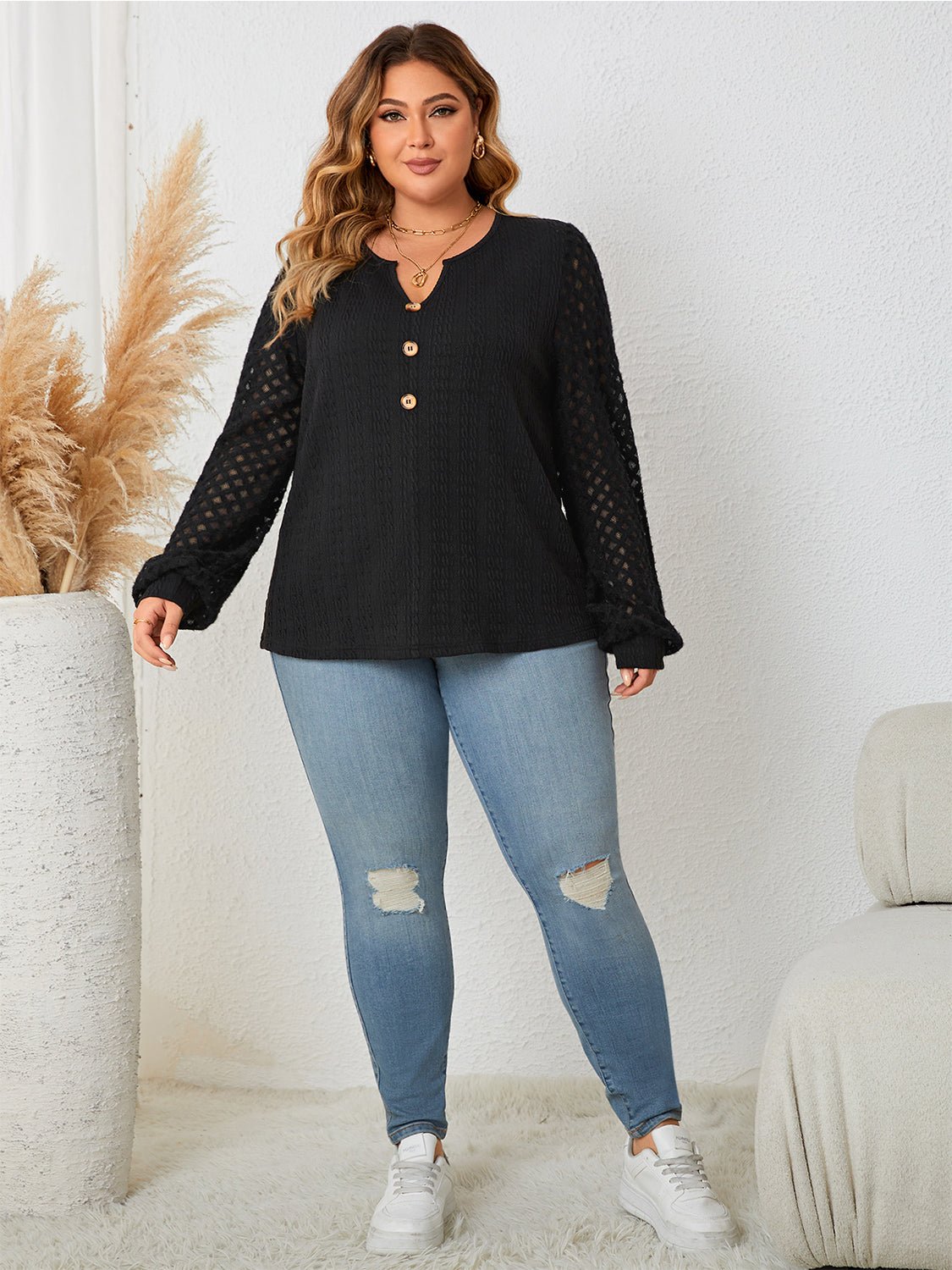 Honey Plus Size Openwork Notched Button Front Blouse - Che Cose Belle