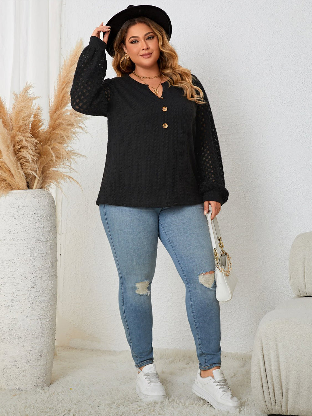 Honey Plus Size Openwork Notched Button Front Blouse - Che Cose Belle