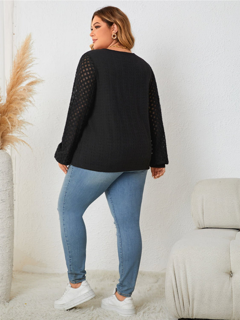 Honey Plus Size Openwork Notched Button Front Blouse - Che Cose Belle