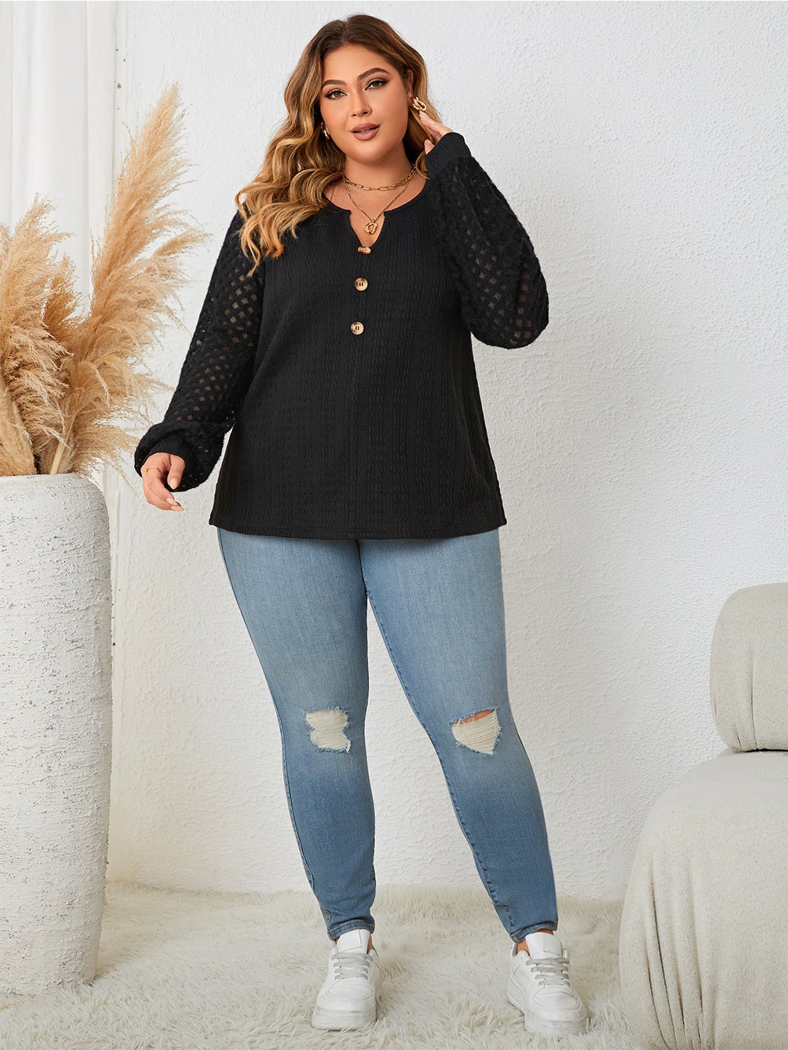 Honey Plus Size Openwork Notched Button Front Blouse - Che Cose Belle