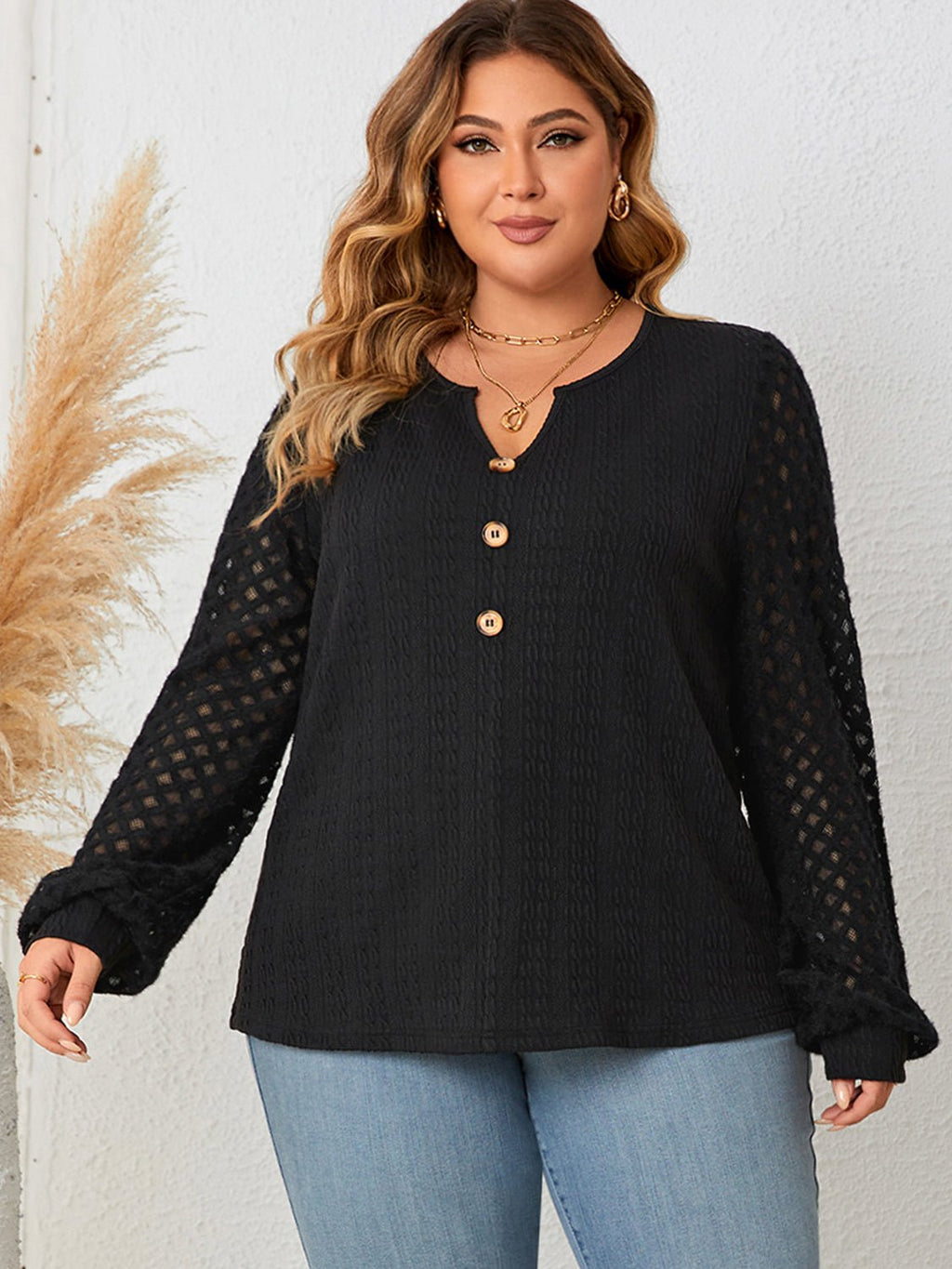 Honey Plus Size Openwork Notched Button Front Blouse - Che Cose Belle