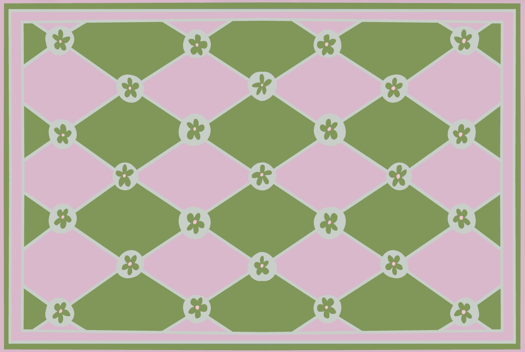 "Hopscotch & Daisies" Pink & Green Checkerboard Cottage Floral Vinyl Floor Mat - 24"x36" - Che Cose Belle