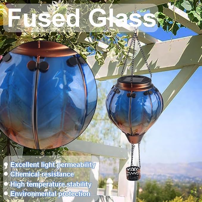 Hot Air Balloon Solar Lantern with Flickering Flame Hanging Solar Lanterns Outdoor Lights Waterproof Lanterns Decorative Garden Patio Yard Party Decor Blue - Che Cose Belle