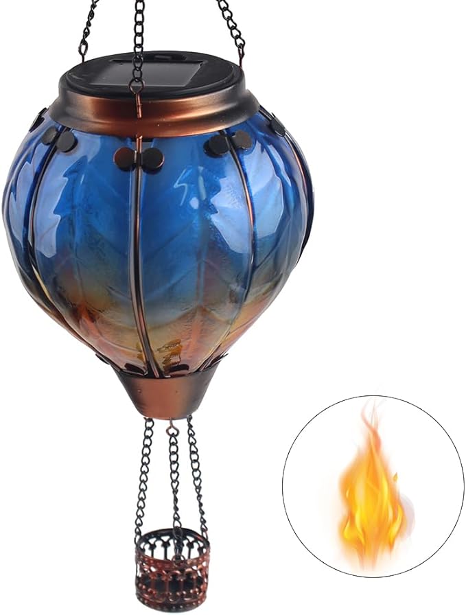 Hot Air Balloon Solar Lantern with Flickering Flame Hanging Solar Lanterns Outdoor Lights Waterproof Lanterns Decorative Garden Patio Yard Party Decor Blue - Che Cose Belle