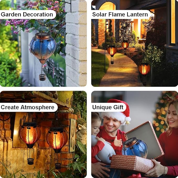 Hot Air Balloon Solar Lantern with Flickering Flame Hanging Solar Lanterns Outdoor Lights Waterproof Lanterns Decorative Garden Patio Yard Party Decor Blue - Che Cose Belle