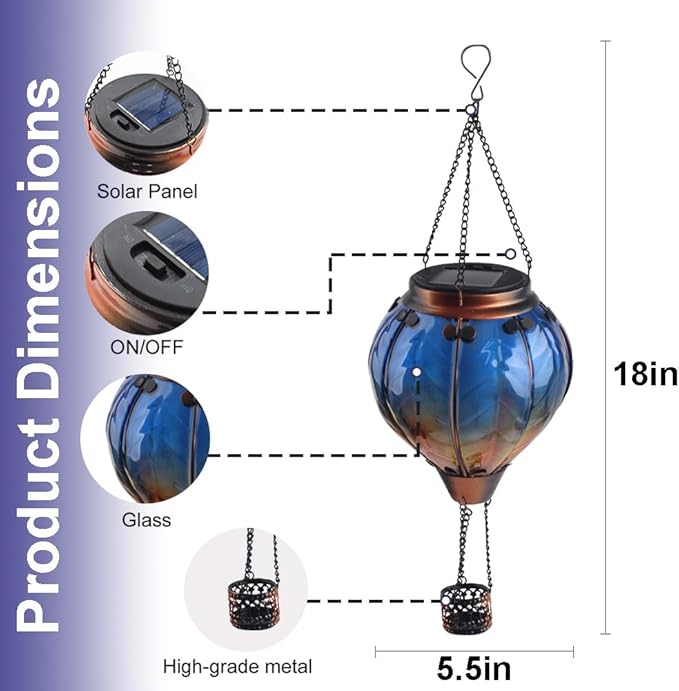 Hot Air Balloon Solar Lantern with Flickering Flame Hanging Solar Lanterns Outdoor Lights Waterproof Lanterns Decorative Garden Patio Yard Party Decor Blue - Che Cose Belle