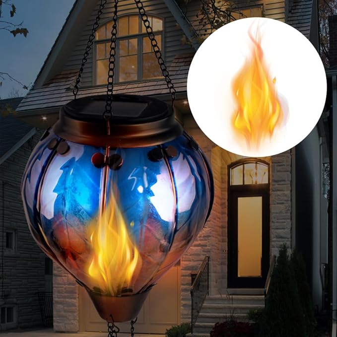 Hot Air Balloon Solar Lantern with Flickering Flame Hanging Solar Lanterns Outdoor Lights Waterproof Lanterns Decorative Garden Patio Yard Party Decor Blue - Che Cose Belle