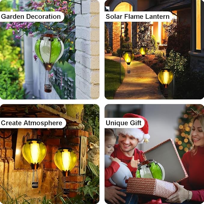 Hot Air Balloon Solar Lantern with Flickering Flame Hanging Solar Lanterns Outdoor Lights Waterproof Lanterns Decorative Garden Patio Yard Party Decor Gray&Light Green - Che Cose Belle