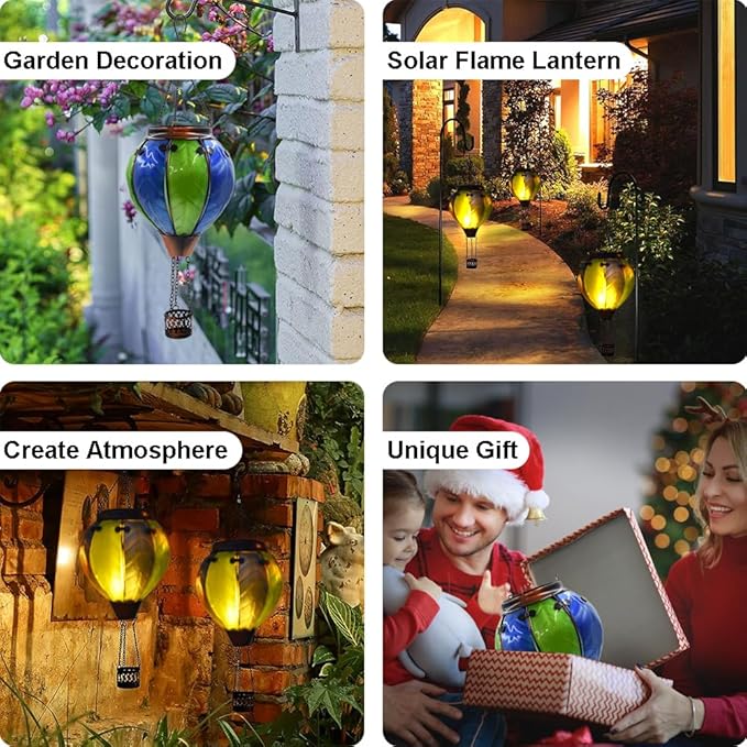 Hot Air Balloon Solar Lantern with Flickering Flame Hanging Solar Lanterns Outdoor Lights Waterproof Lanterns Decorative Garden Patio Yard Party Decor Green&Navy - Che Cose Belle