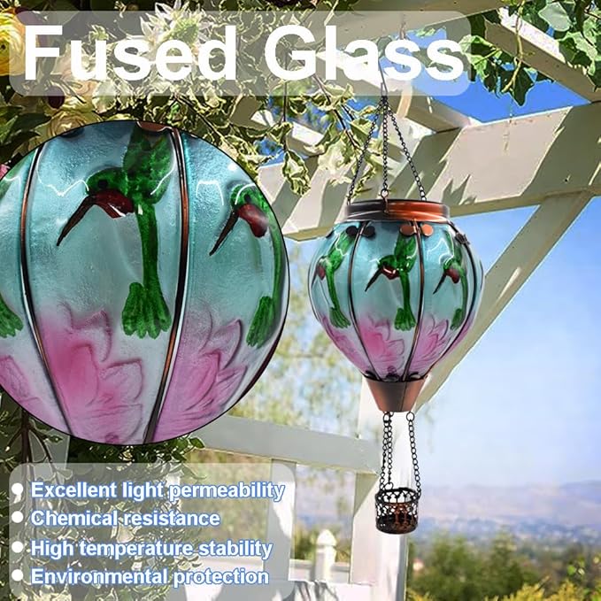 Hot Air Balloon Solar Lantern with Flickering Flame Hanging Solar Lanterns Outdoor Lights Waterproof Lanterns Decorative Garden Patio Yard Party Decor Hummingbirds&Pink Flowers - Che Cose Belle