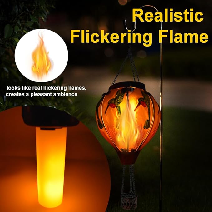 Hot Air Balloon Solar Lantern with Flickering Flame Hanging Solar Lanterns Outdoor Lights Waterproof Lanterns Decorative Garden Patio Yard Party Decor Hummingbirds&Pink Flowers - Che Cose Belle