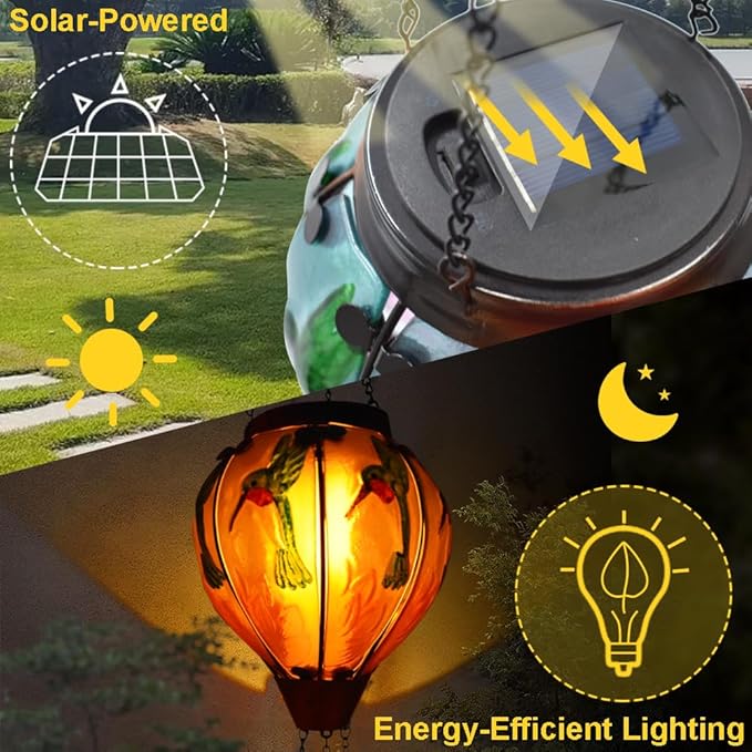 Hot Air Balloon Solar Lantern with Flickering Flame Hanging Solar Lanterns Outdoor Lights Waterproof Lanterns Decorative Garden Patio Yard Party Decor Hummingbirds&Pink Flowers - Che Cose Belle