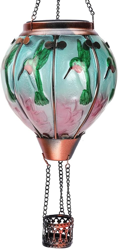 Hot Air Balloon Solar Lantern with Flickering Flame Hanging Solar Lanterns Outdoor Lights Waterproof Lanterns Decorative Garden Patio Yard Party Decor Hummingbirds&Pink Flowers - Che Cose Belle