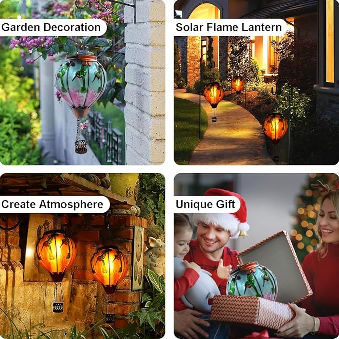 Hot Air Balloon Solar Lantern with Flickering Flame Hanging Solar Lanterns Outdoor Lights Waterproof Lanterns Decorative Garden Patio Yard Party Decor Hummingbirds&Pink Flowers - Che Cose Belle
