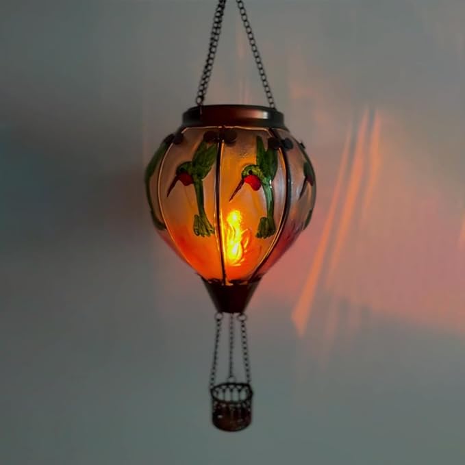 Hot Air Balloon Solar Lantern with Flickering Flame Hanging Solar Lanterns Outdoor Lights Waterproof Lanterns Decorative Garden Patio Yard Party Decor Hummingbirds&Pink Flowers - Che Cose Belle