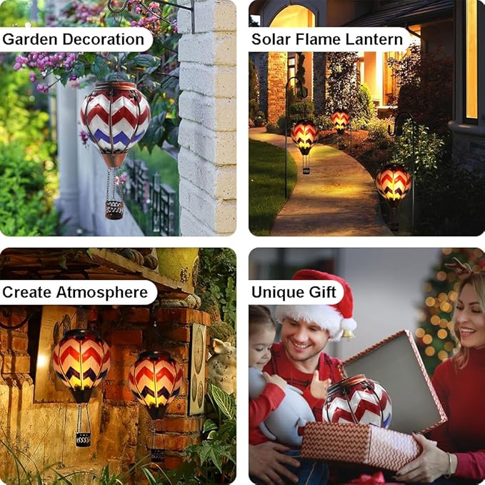 Hot Air Balloon Solar Lantern with Flickering Flame Hanging Solar Lanterns Outdoor Lights Waterproof Lanterns Decorative Garden Patio Yard Party Decor Wavy - Gray&Navy&Red - Che Cose Belle