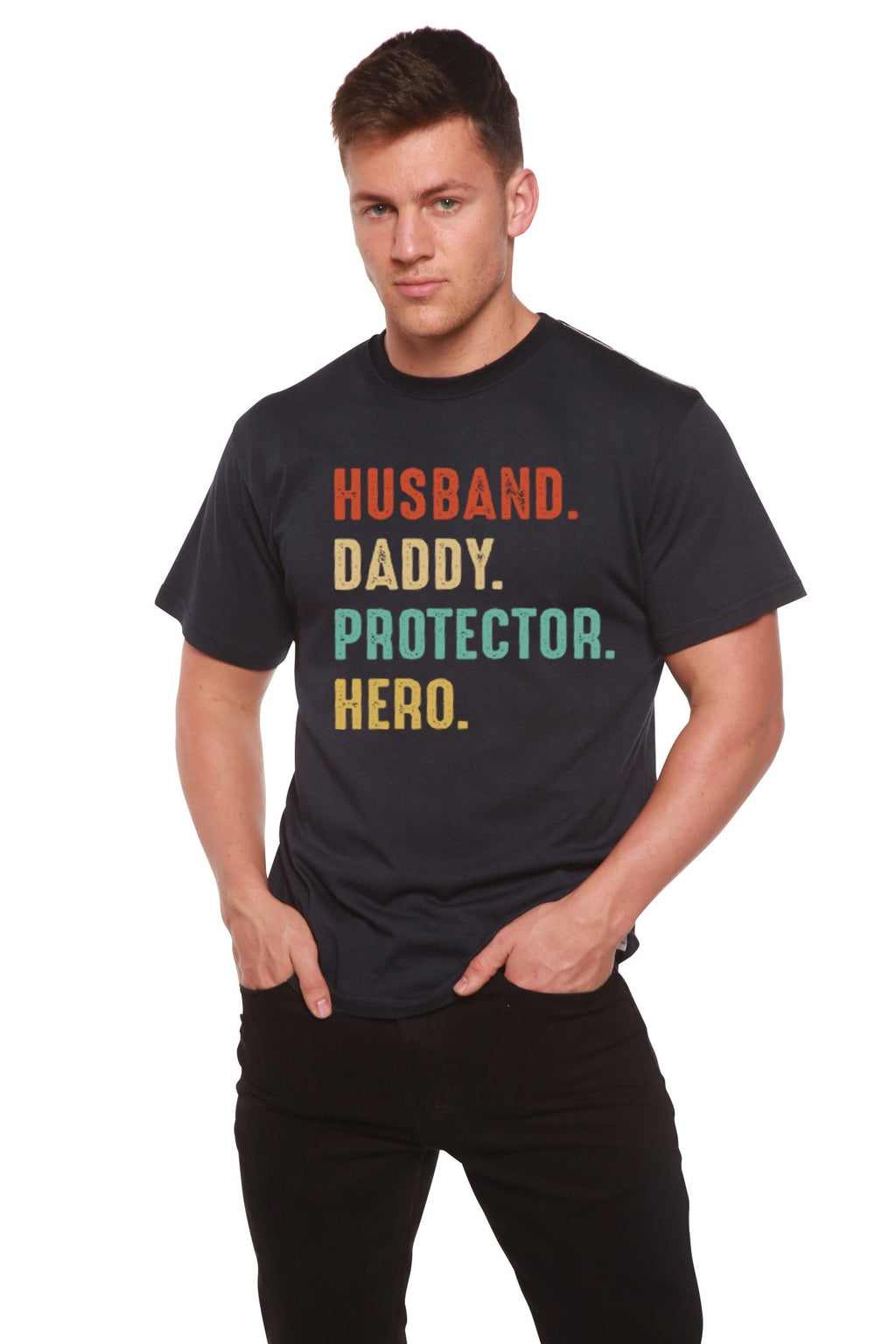 Husband, Daddy, Protector, Hero Men's Bamboo Viscose/Organic Cotton Short Sleeve Graphic T-Shirt - Che Cose Belle
