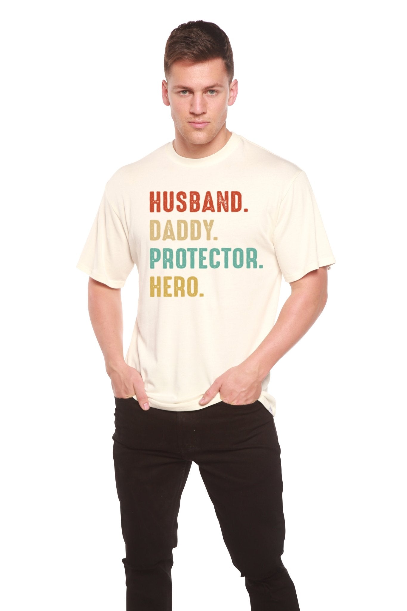 Husband, Daddy, Protector, Hero Men's Bamboo Viscose/Organic Cotton Short Sleeve Graphic T-Shirt - Che Cose Belle