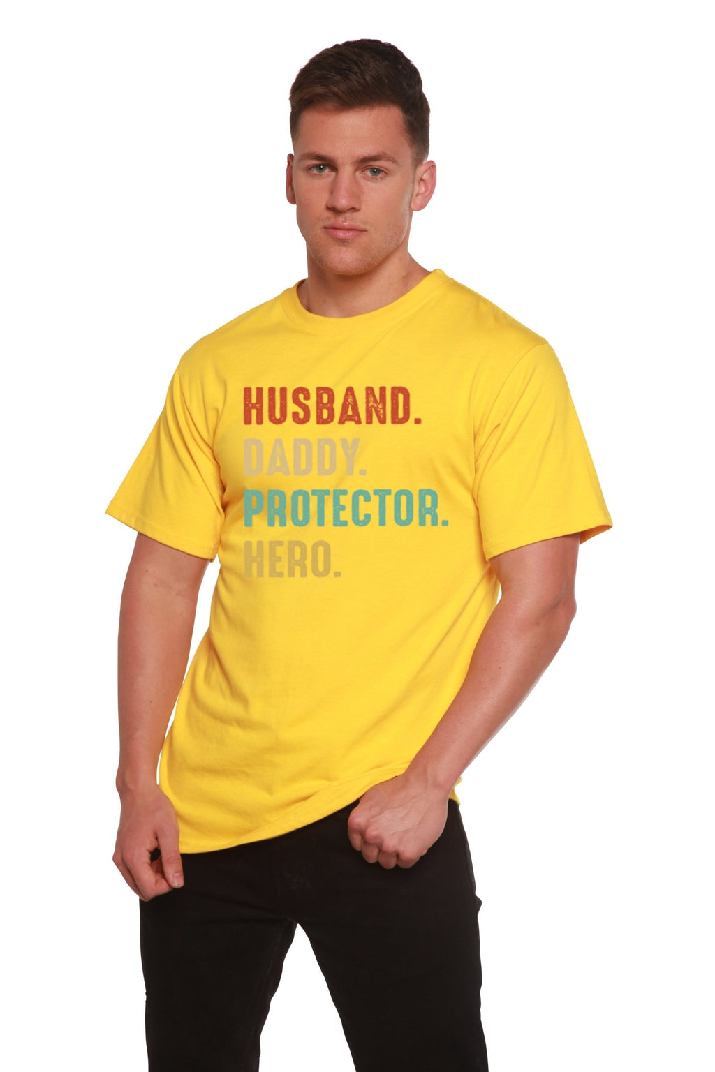 Husband, Daddy, Protector, Hero Men's Bamboo Viscose/Organic Cotton Short Sleeve Graphic T-Shirt - Che Cose Belle