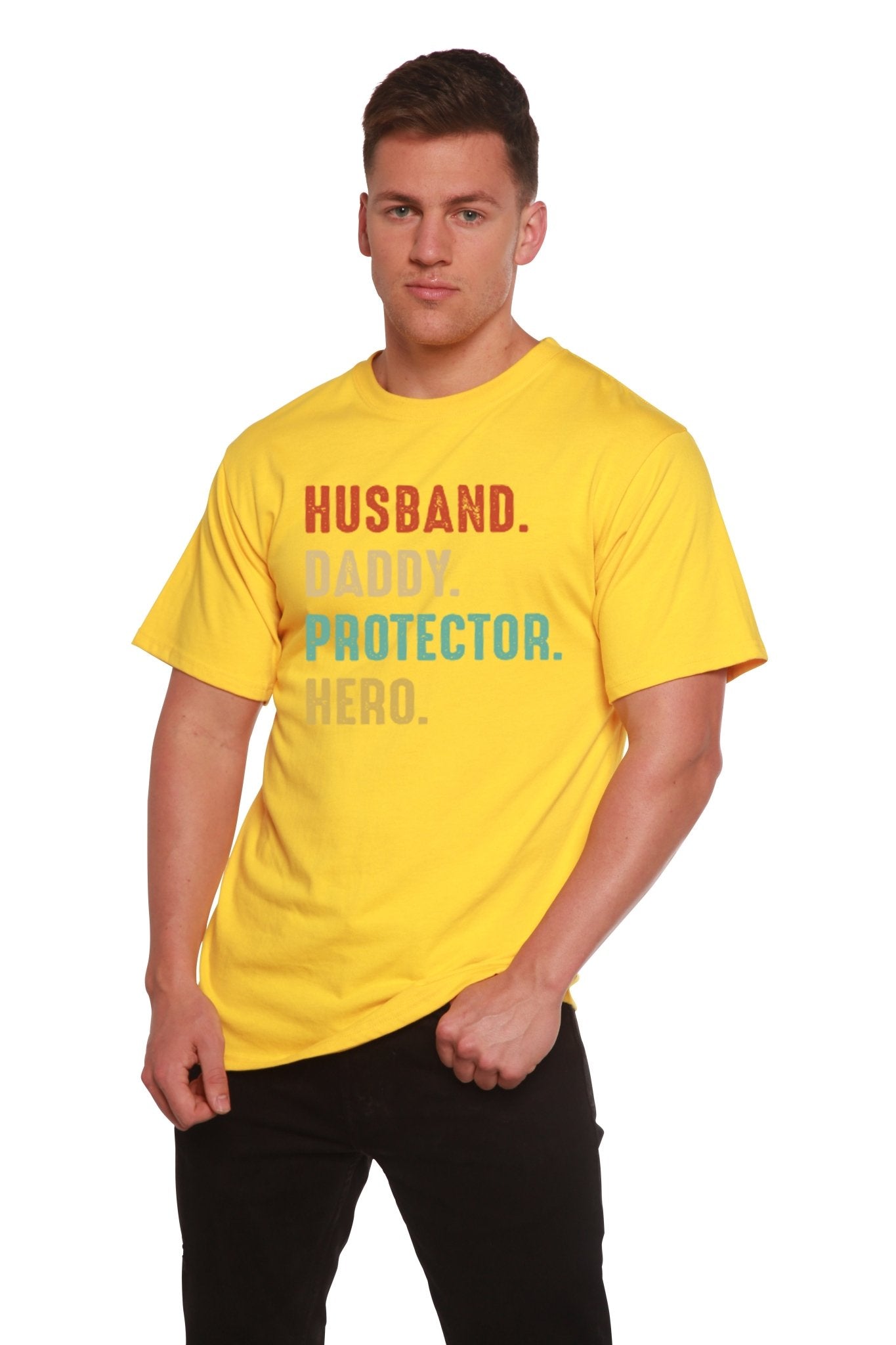 Husband, Daddy, Protector, Hero Men's Bamboo Viscose/Organic Cotton Short Sleeve Graphic T-Shirt - Che Cose Belle