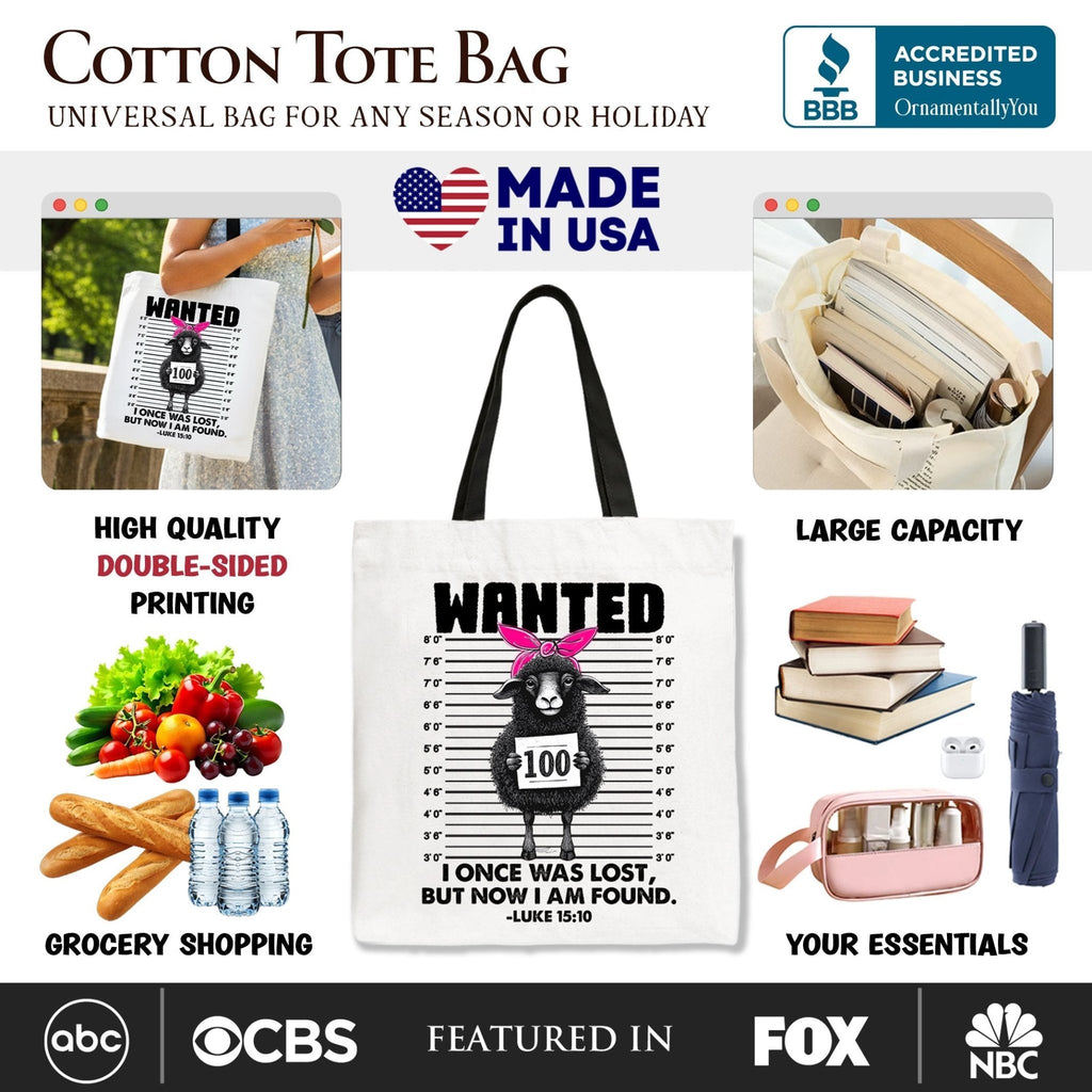 I Once Was Lost But Now I Am Found Luke 15:10 Christian Tote Bag, Wanted Black Sheep Gift Shopper - Che Cose Belle