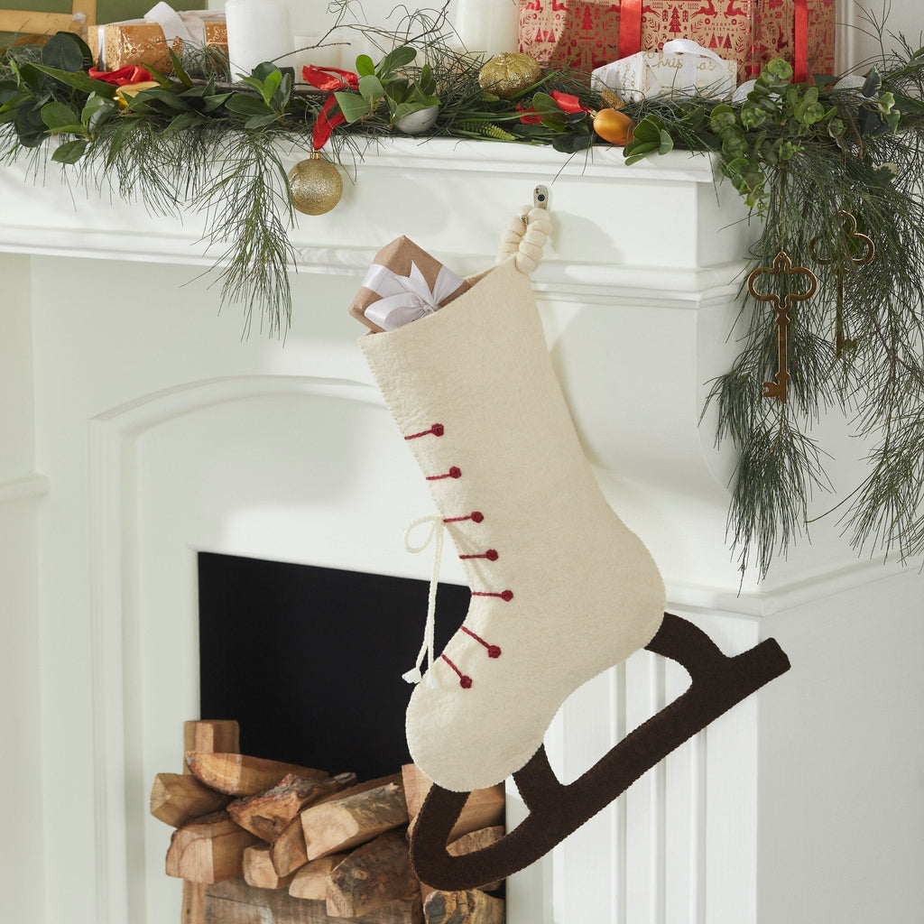 Ice Skate Hand Felted Wool Cream Christmas Stocking Skate Arcadia Home - Che Cose Belle