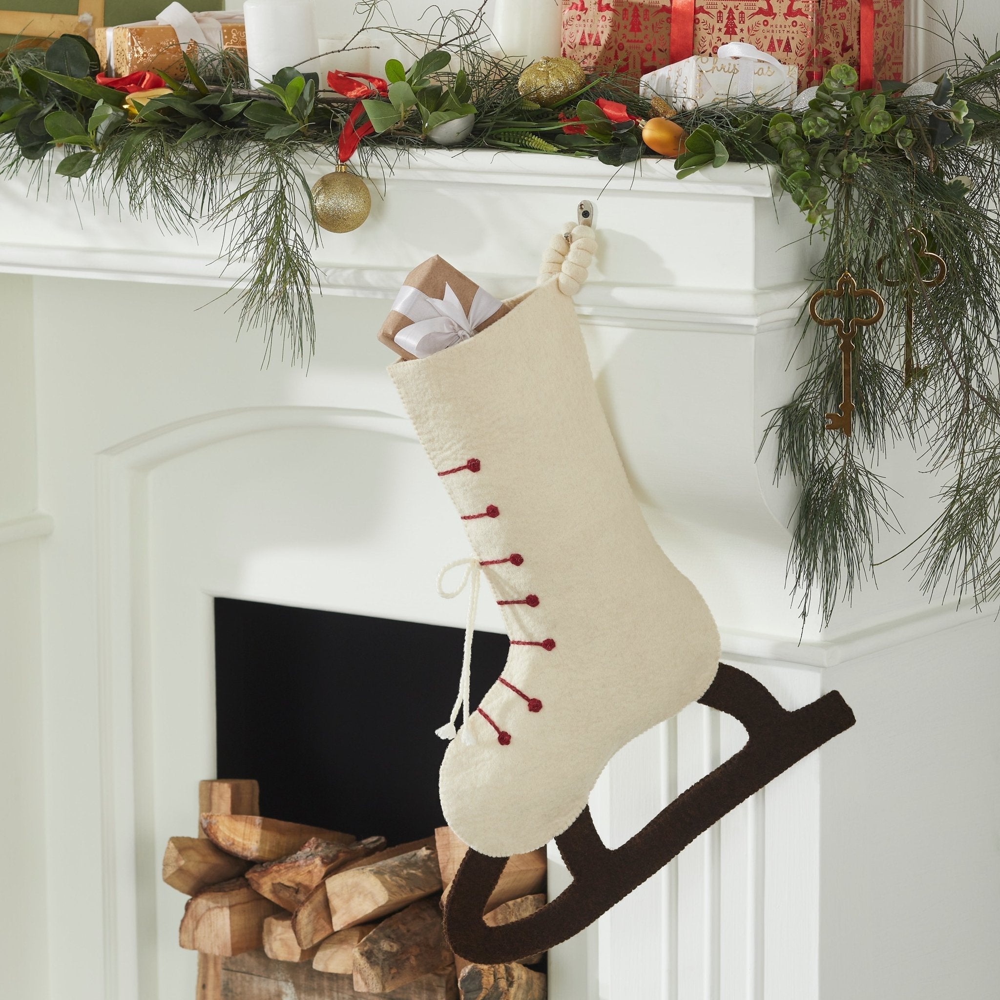 Ice Skate Hand Felted Wool Cream Christmas Stocking Skate Arcadia Home - Che Cose Belle